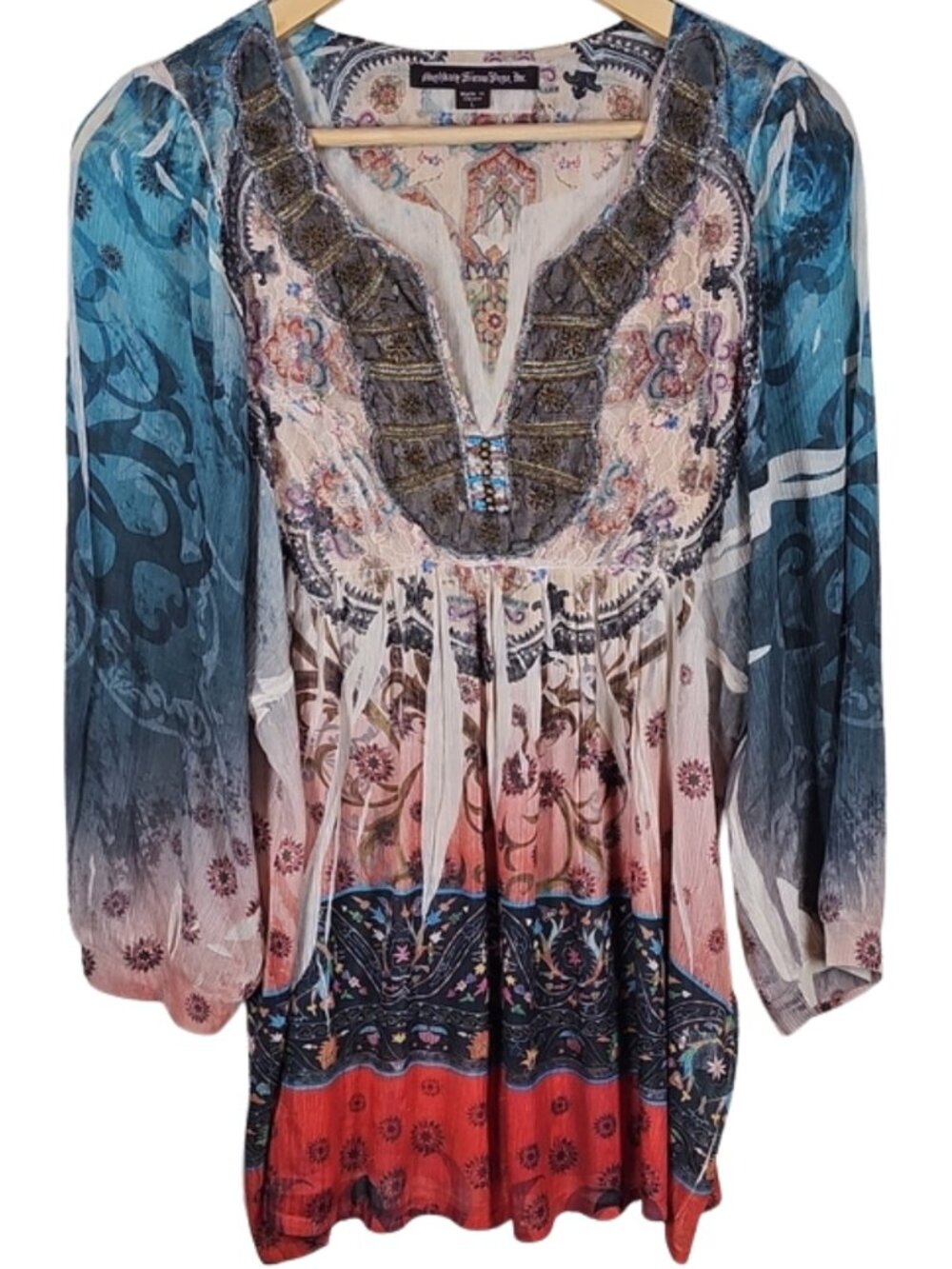 Mushka Sienna Rose Embellished Boho Tunic Top L Bead Neckline Artsy Boho Gypsy